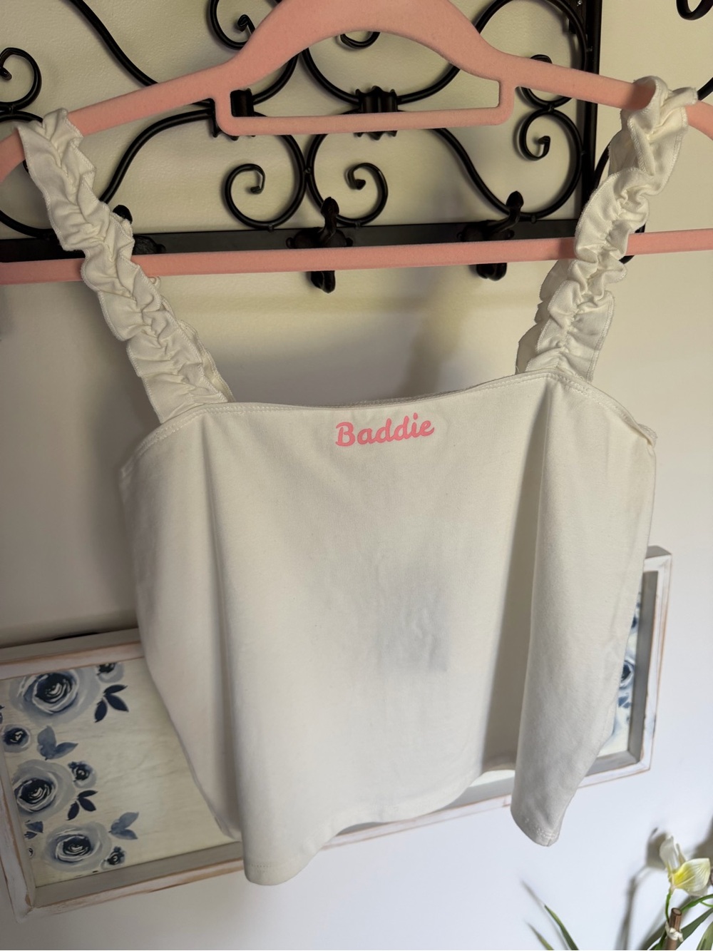 Forever 21 White Bandeau Tank with Pink "Baddie" Script Ruffle sleeves